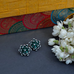 White Gold Finish Eurostar Zircon & Glass filled Emerald Earrings in Sterling Silver