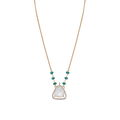 "Halo Moissanite Polki Necklace with Emerald Beaded Chain | 925 Sterling Silver | 18kt Gold Plated |Jadau Jewelry "