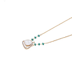 "Halo Moissanite Polki Necklace with Emerald Beaded Chain | 925 Sterling Silver | 18kt Gold Plated |Jadau Jewelry "