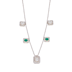 Halo Emerald and Moissanite Polki Station Necklace with Beaded Designer Chain | 925 Sterling Silver | Jadau Jewelry