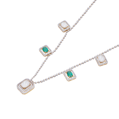 Halo Emerald and Moissanite Polki Station Necklace with Beaded Designer Chain | 925 Sterling Silver | Jadau Jewelry