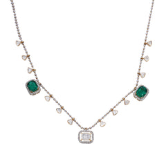 Emerald and Moissanite Polki Necklace with Beaded Designer Chain | 925 Sterling Silver | Jadau Jewelry