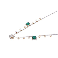 Emerald and Moissanite Polki Necklace with Beaded Designer Chain | 925 Sterling Silver | Jadau Jewelry