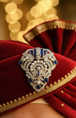Gold Plated Royal Blue Sapphire & Pearl Brooch in 925 Sterling Silver