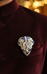 Gold Plated Royal Blue Sapphire & Pearl Brooch in 925 Sterling Silver