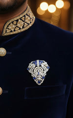 Gold Plated Royal Blue Sapphire & Pearl Brooch in 925 Sterling Silver