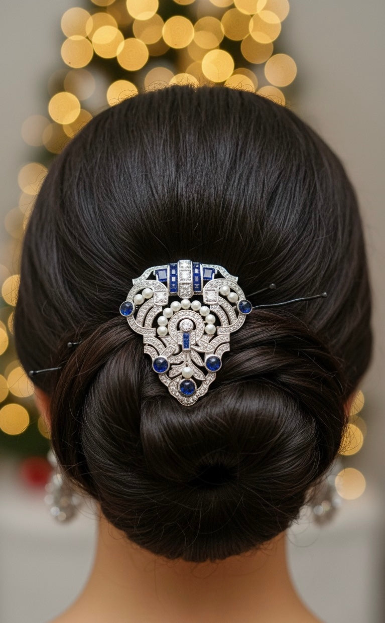 Gold Plated Royal Blue Sapphire & Pearl Brooch in 925 Sterling Silver