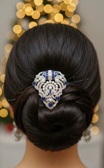 Gold Plated Royal Blue Sapphire & Pearl Brooch in 925 Sterling Silver