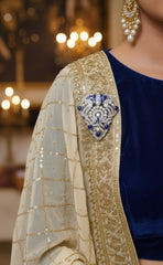 Gold Plated Royal Blue Sapphire & Pearl Brooch in 925 Sterling Silver