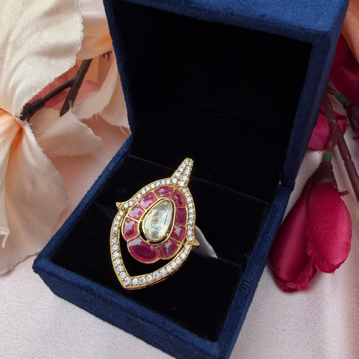 Gold finish Royal Ruby Polki Halo Ring in 925 Sterling Silver