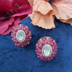 Gold Finish Moissanite Polki & Ruby Floral Studs in 925 Sterling Silver