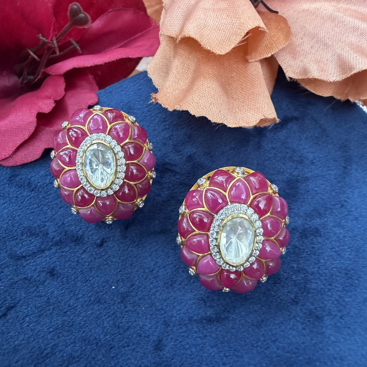 Gold Finish Moissanite Polki & Ruby Floral Studs in 925 Sterling Silver