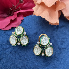 24 Ckt Gold Polished Three-Stone Moissanite Polki Earrings in 92.5 Pure Silver
