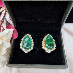 925 Pure Silver Moissanite Polki & Emerald Studs Earrings