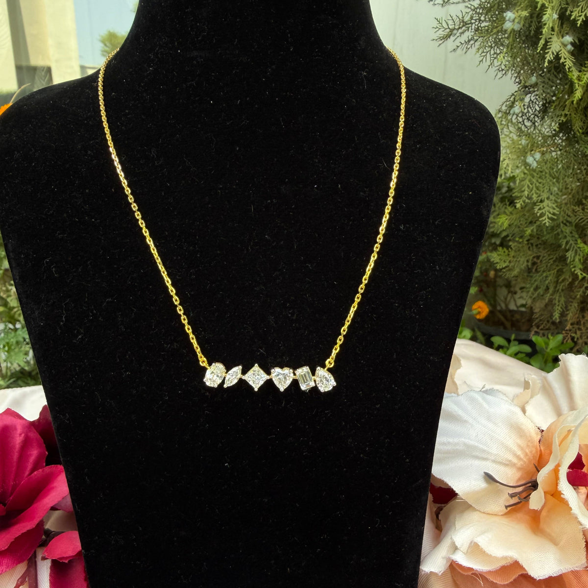 Gold Finish Five stone design mossianite diamond necklace in 925 Sterling Silver