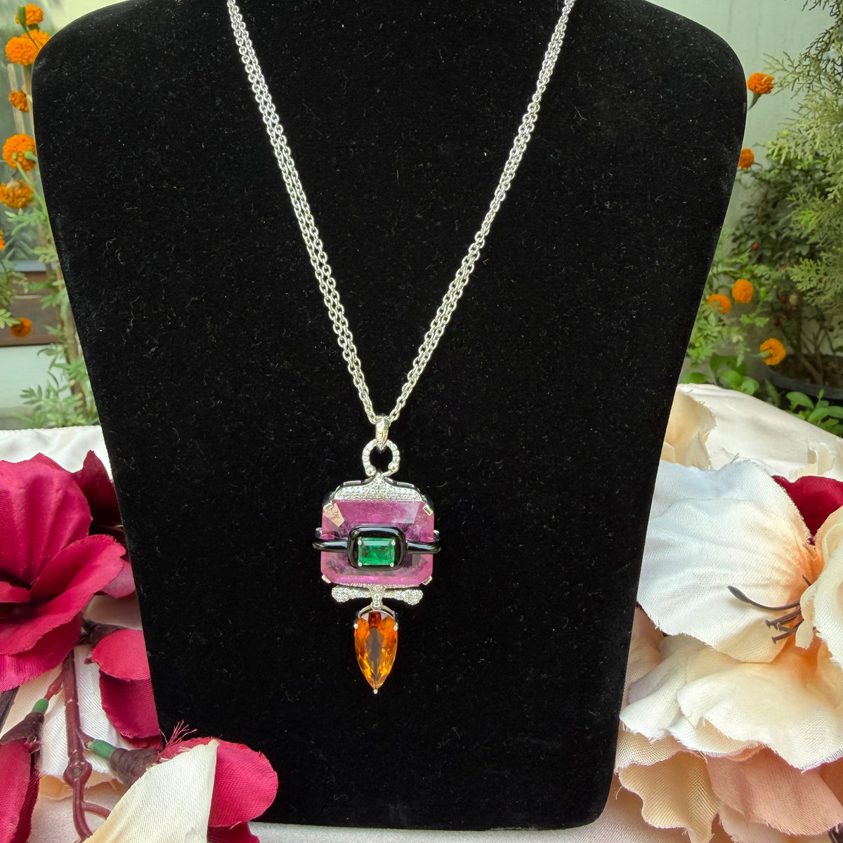 925 Pure Silver Pendant Neckpiece with Moissanite Diamonds and gemstones