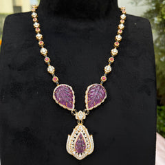 Gold Finish Moissanite Polki Purple Petal Design Necklace in 925 Sterling Silver