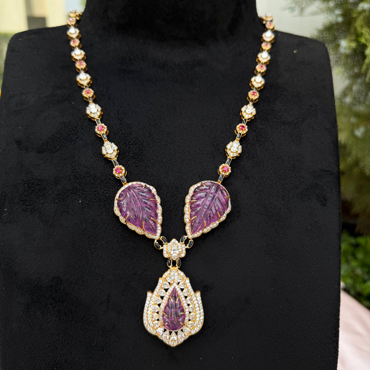 Gold Finish Moissanite Polki Purple Petal Design Necklace in 925 Sterling Silver