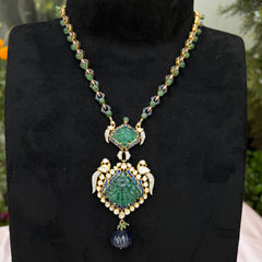 Gold Finish Peacock Design Moissanite Polki & Emerald Necklace in 925 Sterling Silver