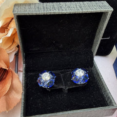 92.5 Pure Silver Stud Earrings with Centre Moissanite Diamond & Sapphire Stones