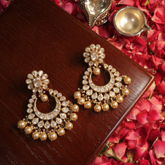24 Ckt Gold Polished Moissanite Polki & Freshwater Pearl Chandbaali Earrings in 92.5 Pure Silver