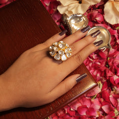 24 Ckt Gold Polished Moissanite Polki Floral Ring in 92.5 Pure Silver