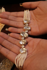 24 Ckt Gold Polished Moissanite Polki & Pearl Bracelet in 92.5 Pure Silver