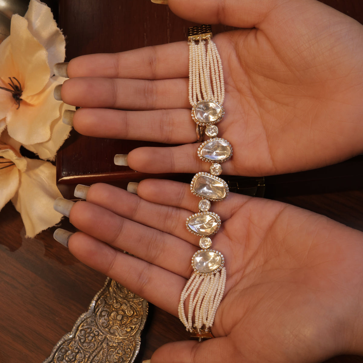24 Ckt Gold Polished Moissanite Polki & Pearl Bracelet in 92.5 Pure Silver