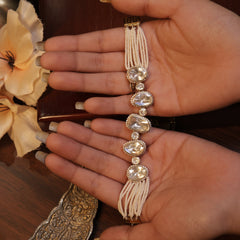 24 Ckt Gold Polished Moissanite Polki & Pearl Bracelet in 92.5 Pure Silver