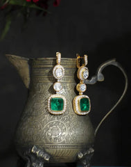 Sterling Silver Moissanite Polki Earrings with Emerald colored stone drops