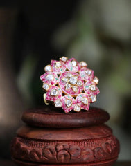 Enchanting Lotus Moissanite Polki Adjustable Ring with Pink Meenakari: Exquisite Blend of Elegance and Traditional Artistry, Crafted in Fine 925 Sterling Silver with 18kt Gold Plating