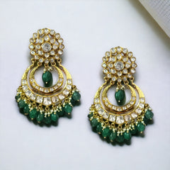 Designer Emerald and Moissanite Polki Earrings | 925 Sterling Silver | 18kt Gold Plated | Best Gift for Women | Jadau Jewelry