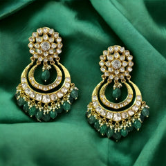 Designer Emerald and Moissanite Polki Earrings | 925 Sterling Silver | 18kt Gold Plated | Best Gift for Women | Jadau Jewelry