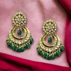 Designer Emerald and Moissanite Polki Earrings | 925 Sterling Silver | 18kt Gold Plated | Best Gift for Women | Jadau Jewelry