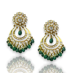 Designer Emerald and Moissanite Polki Earrings | 925 Sterling Silver | 18kt Gold Plated | Best Gift for Women | Jadau Jewelry