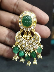 Exquisite Carved Emerald Dangle Moissanite Polki Earrings for Special Occasion | 925 Sterling Silver | 18kt Gold Plated | Best Gift for Women | Jadau Jewelry