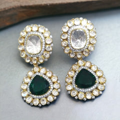 Halo Emerald and Moissanite Polki Earrings | 925 Sterling Silver | 18kt Gold Plated | Best Gift for Women | Jadau Jewelry