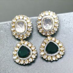 Halo Emerald and Moissanite Polki Earrings | 925 Sterling Silver | 18kt Gold Plated | Best Gift for Women | Jadau Jewelry