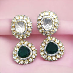 Halo Emerald and Moissanite Polki Earrings | 925 Sterling Silver | 18kt Gold Plated | Best Gift for Women | Jadau Jewelry