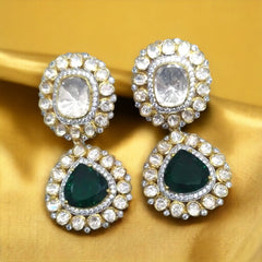 Halo Emerald and Moissanite Polki Earrings | 925 Sterling Silver | 18kt Gold Plated | Best Gift for Women | Jadau Jewelry