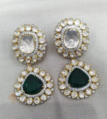 Halo Emerald and Moissanite Polki Earrings | 925 Sterling Silver | 18kt Gold Plated | Best Gift for Women | Jadau Jewelry