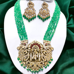 Opulent Temple Jewelry: Emerald and Moissanite Polki Necklace with Peacock Motifs and Matching Earrings | 925 Sterling Silver | Jadau Jewelry