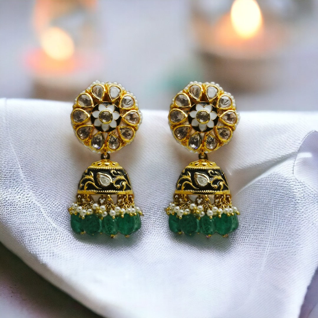 Designer Floral Moissanite Polki Earrings with Emerald Bead | 925 Sterling Silver | 18kt Gold Plated | Best Gift for Women | Jadau Jewelry