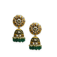 Designer Floral Moissanite Polki Earrings with Emerald Bead | 925 Sterling Silver | 18kt Gold Plated | Best Gift for Women | Jadau Jewelry