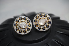 Round Moissanite Polki Earrings with Geometric Shape Enameling, Silver Push Backs | 925 Sterling Silver | 18kt Gold Plated |Jadau Jewelry