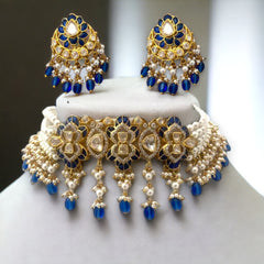 Exquisite Blue Fine Kundan Moissanite Polki and Pearl Choker Set with Earrings | 925 Sterling Silver | 18kt Gold Plated |Jadau Jewelry