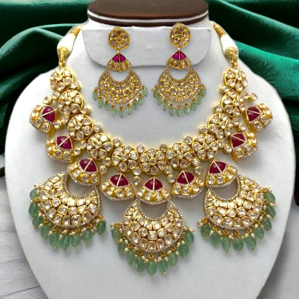 Breathtaking Bridal Heavy Moissanite Polki Set with Ruby, Emerald, and Pearl Accents | 925 Sterling Silver | 18kt Gold Plated | Jadau Jewelry