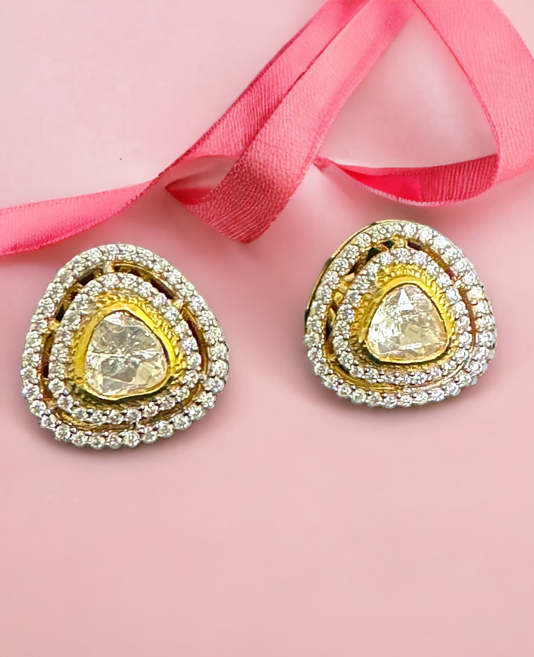 Glamorous Double Halo Trillion Polki Earrings | 925 Sterling Silver | 18kt Gold Plated | Best Gift for Women | Jadau Jewelry |Enchantica