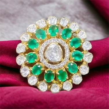 Exquisite Emerald and Polki Double Halo Ring | 925 Sterling Silver | 18kt Gold Plated | Best Gift for Women |Jadau Jewelry