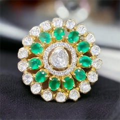 Exquisite Emerald and Polki Double Halo Ring | 925 Sterling Silver | 18kt Gold Plated | Best Gift for Women |Jadau Jewelry